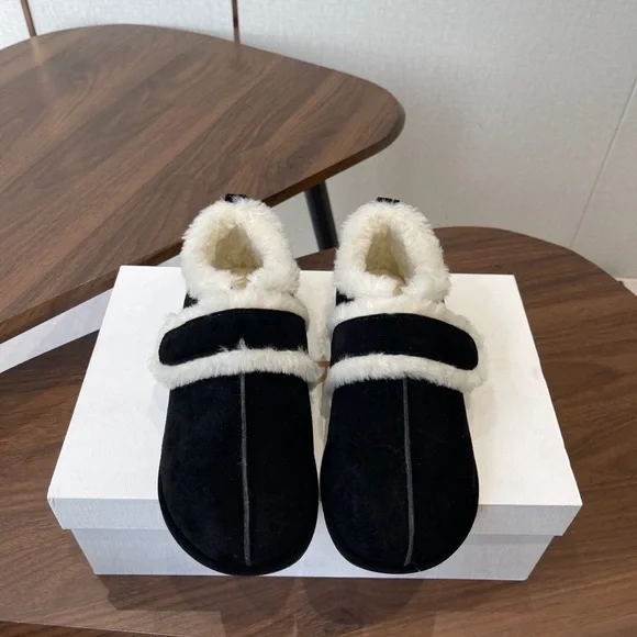 The Row Black Slippers with Cream Fur